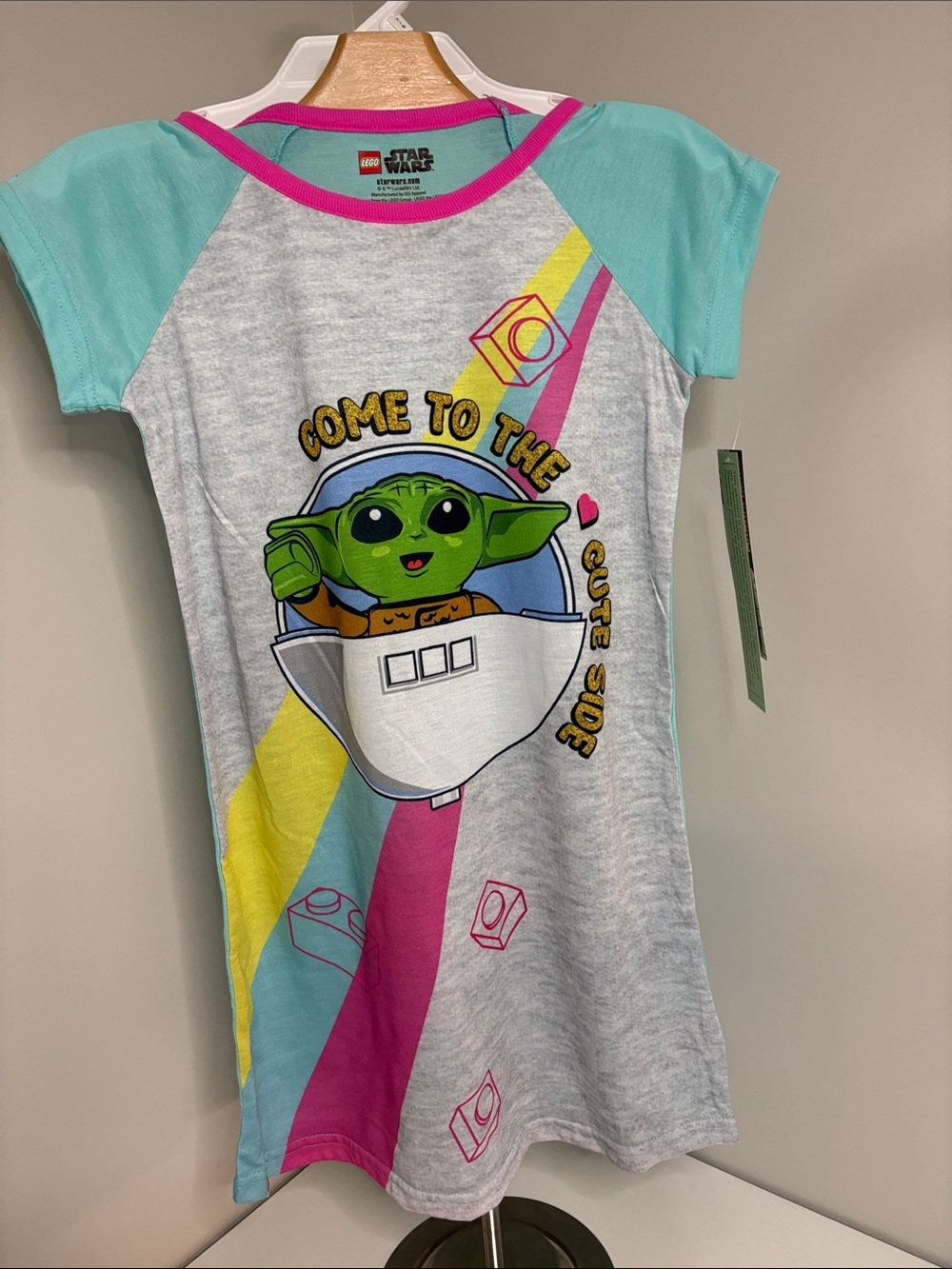 Star Wars Baby Yoda Gray Aqua Pink Nightgown with Yellow Accent